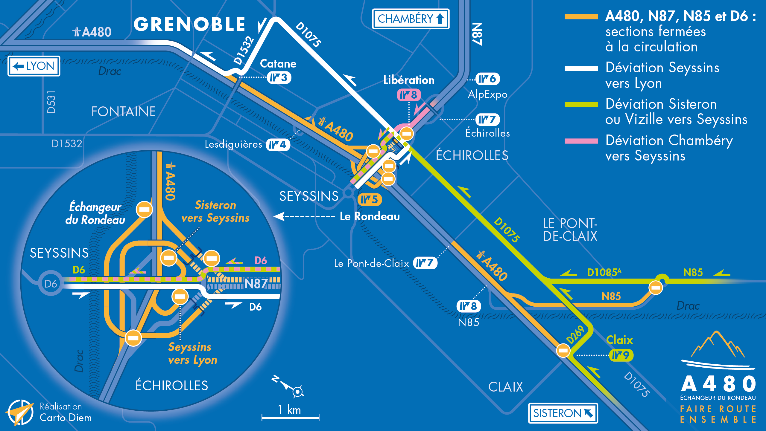 Carte locale de déviation suite à la fermeture de l'autoroute A480 entre Claix et Catane