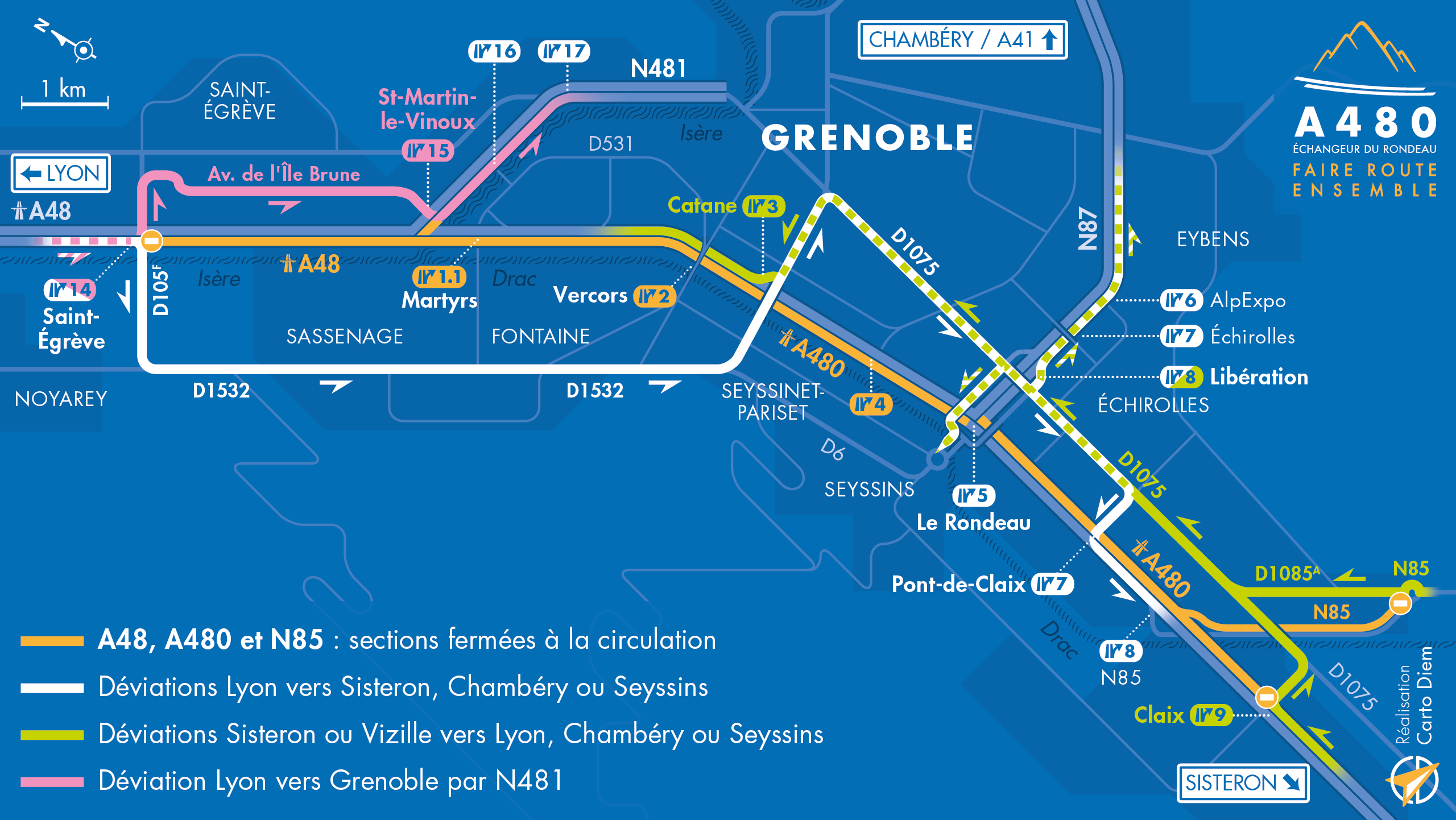 Carte de déviation entre les diffuseurs de Saint-Égrève et Claix sur l'autoroute A480 suite aux travaux réalisés par AREA et la DREAL