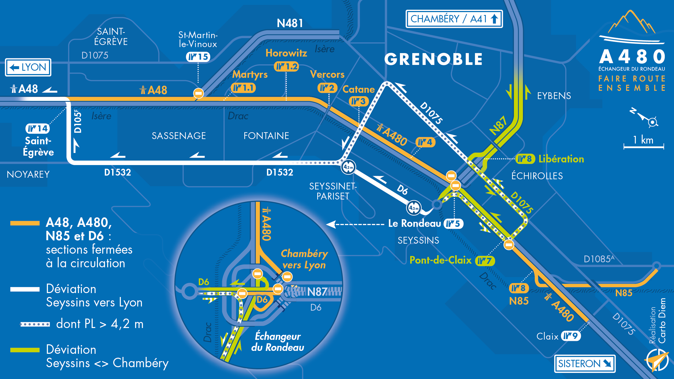 Carte de déviation locale entre les diffuseurs de Saint-Égrève et Claix sur l'autoroute A480 suite aux travaux réalisés par AREA et la DREAL