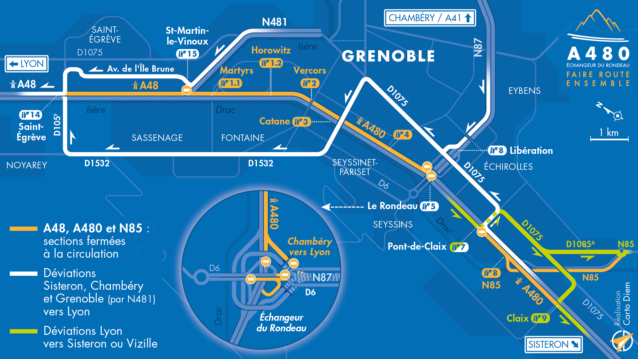 Carte de déviation entre les diffuseurs de Saint-Égrève et Claix sur l'autoroute A480 suite aux travaux réalisés par AREA et la DREAL