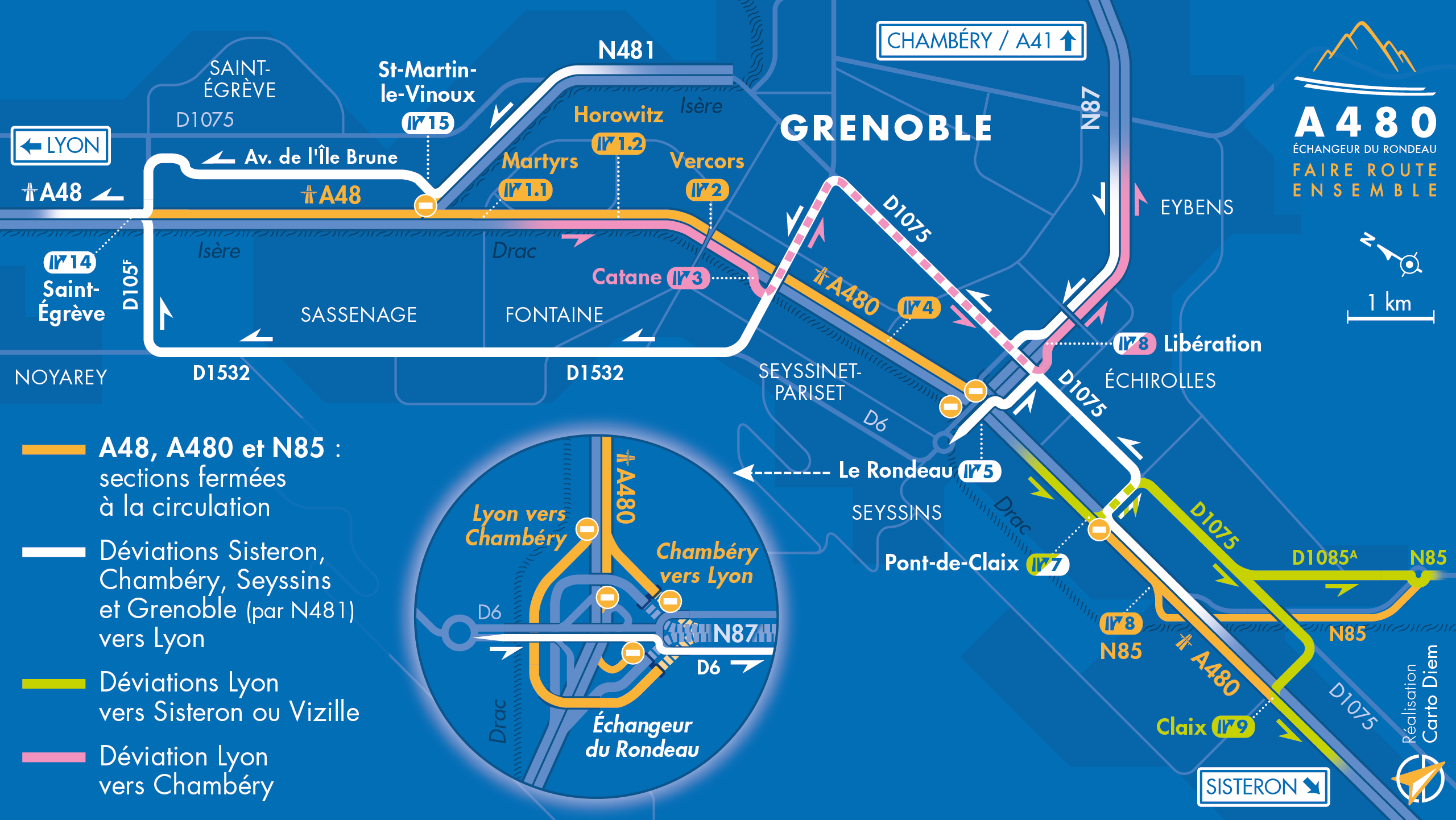 Carte de déviation entre les diffuseurs de Saint-Égrève et Claix sur l'autoroute A480 suite aux travaux réalisés par AREA et la DREAL