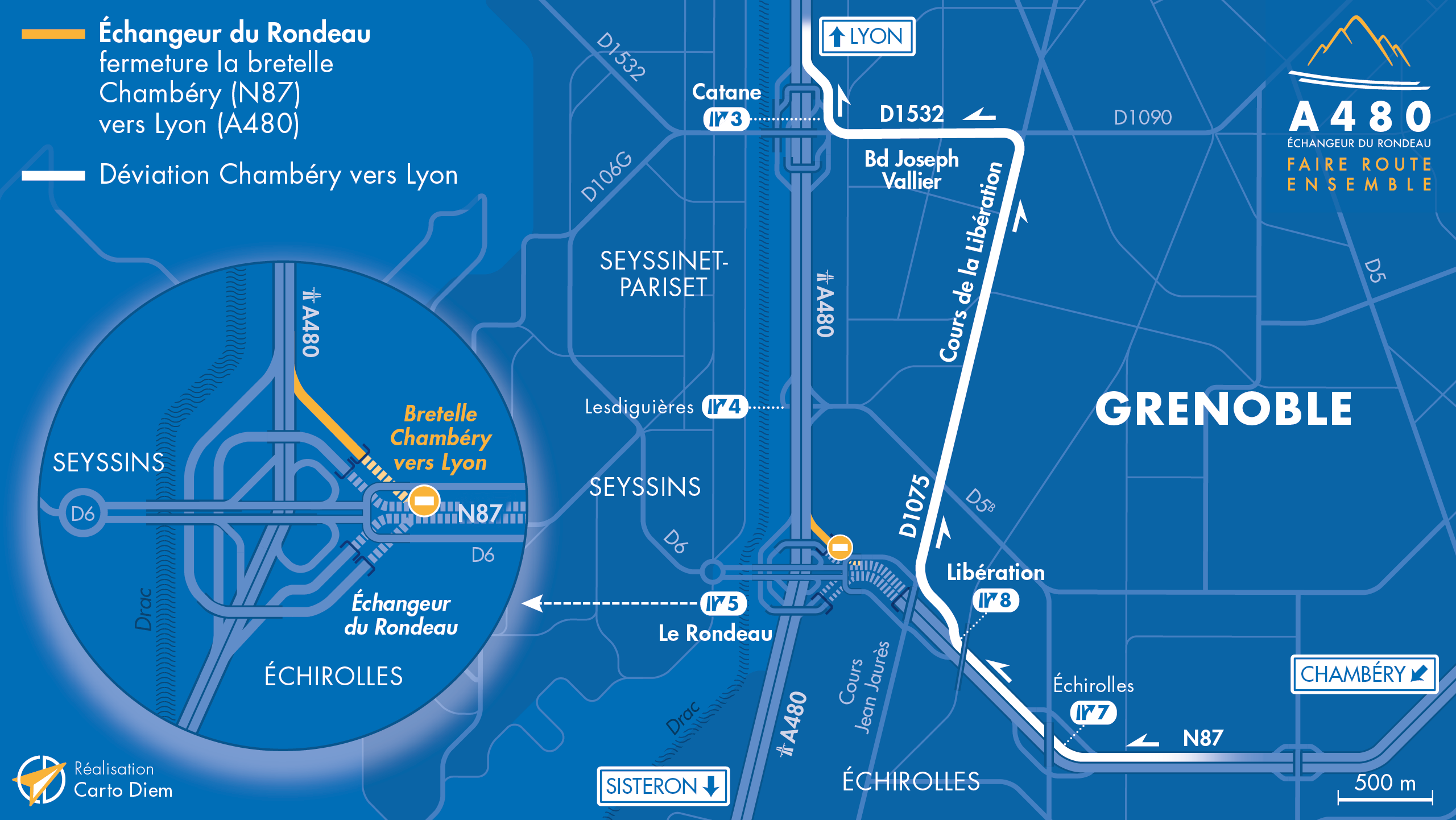 Carte de déviation suite à la fermeture de la bretelle d'entrée depuis Chambéry vers Lyon sur l'échangeur du Rondeau (n°5)