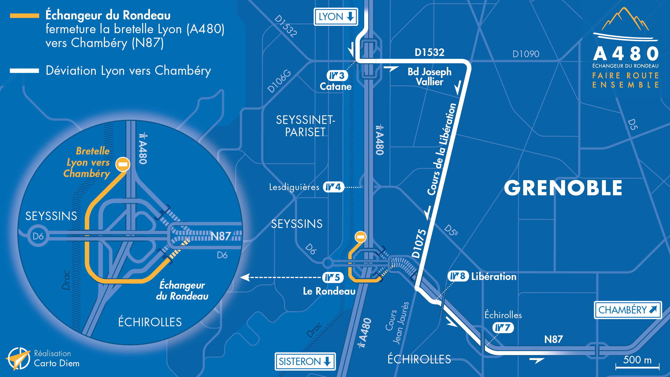 Carte de déviation suite aux travaux d'aménagement sur la bretelle d'insertion Nord en direction de la nationale N87 par les équipes de la DREAL