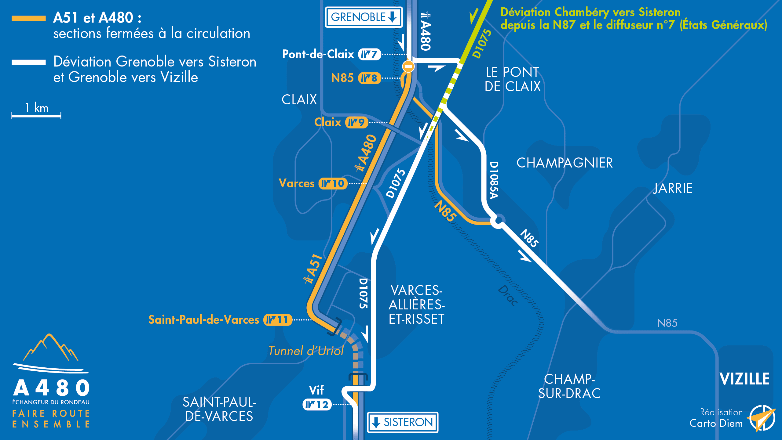 Carte de déviation entre les diffuseurs de Pont-de-Claix et Saint-Paul-de-Varces sur l'autoroute A480 suite aux travaux réalisés par AREA et la DREAL