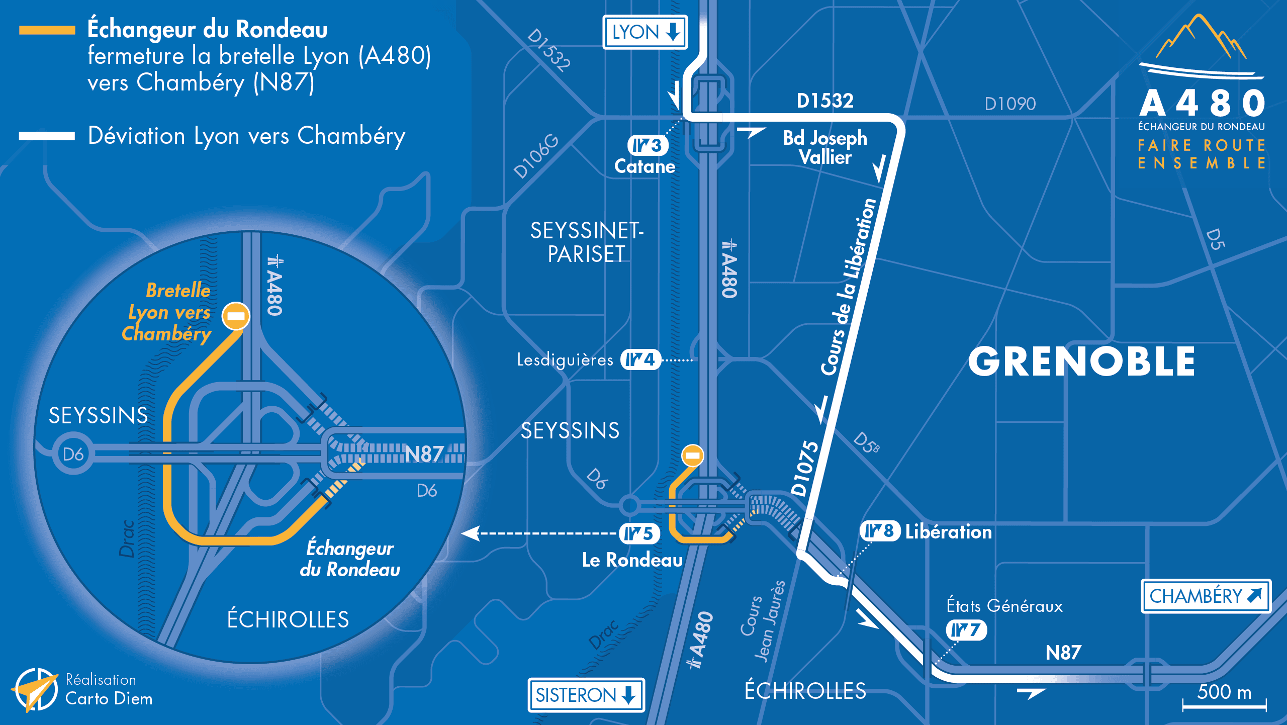 Carte de déviation suite aux travaux d'aménagement sur la bretelle d'insertion Nord en direction de la nationale N87 par les équipes de la DREAL