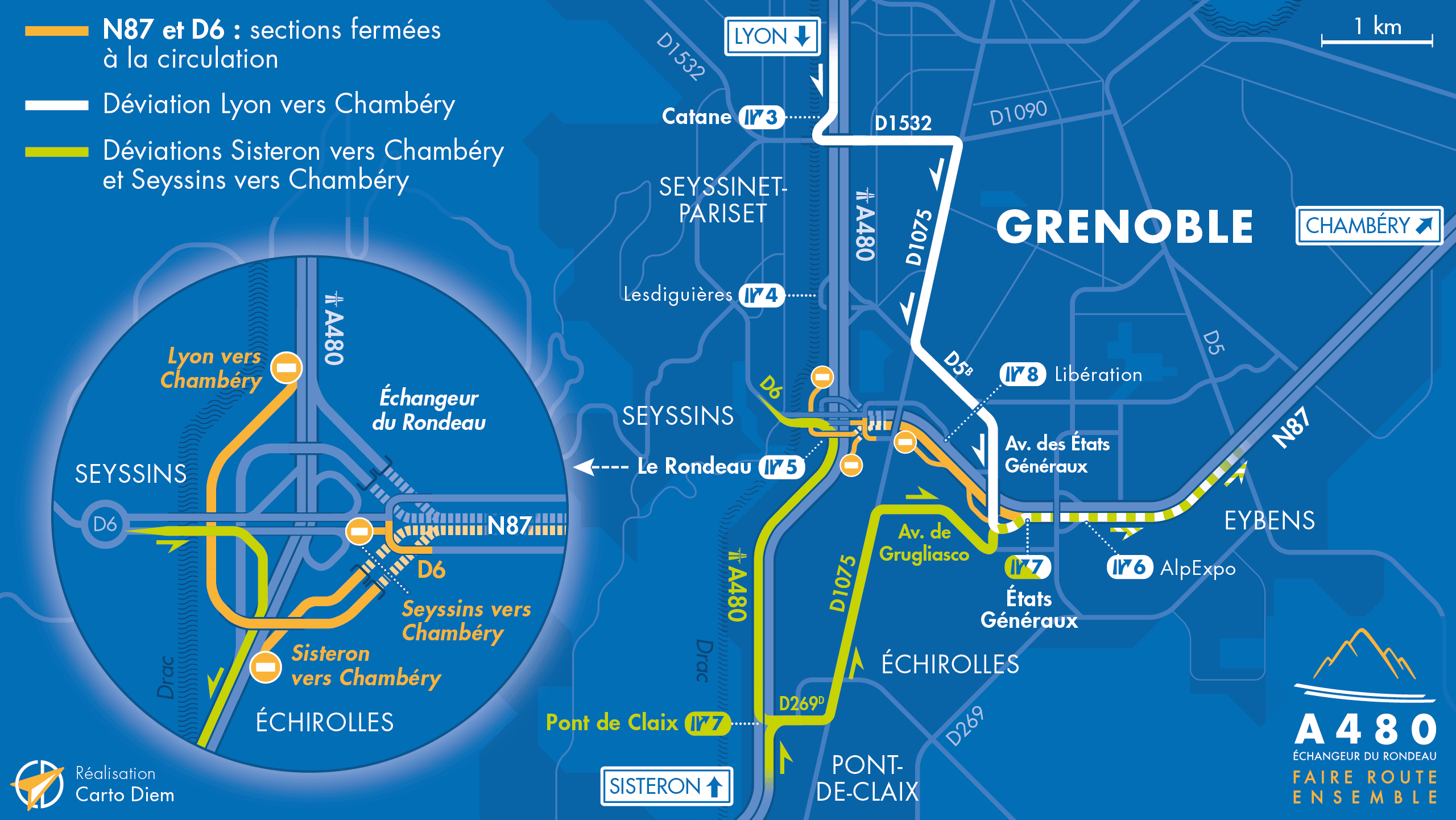 Carte de déviation suite à la fermeture du partie du réseau routier entre l'échangeur du Rondeau et le diffuseur d'Échirolles par les équipes de la DREAL