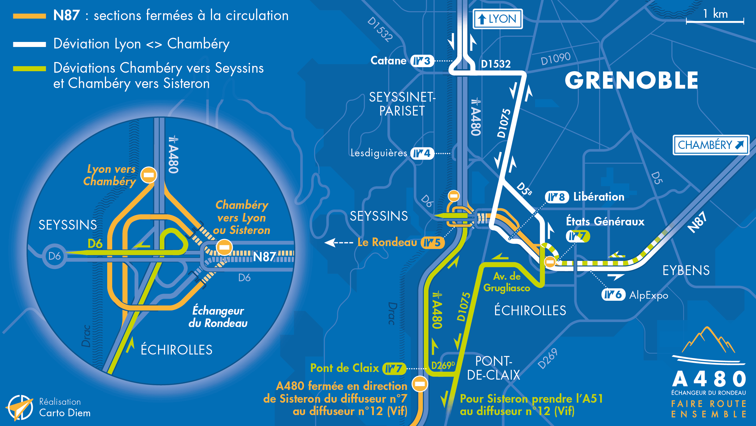 Carte de déviation sur le secteur du Rondeau suite aux aménagements réalisés par la DREAL