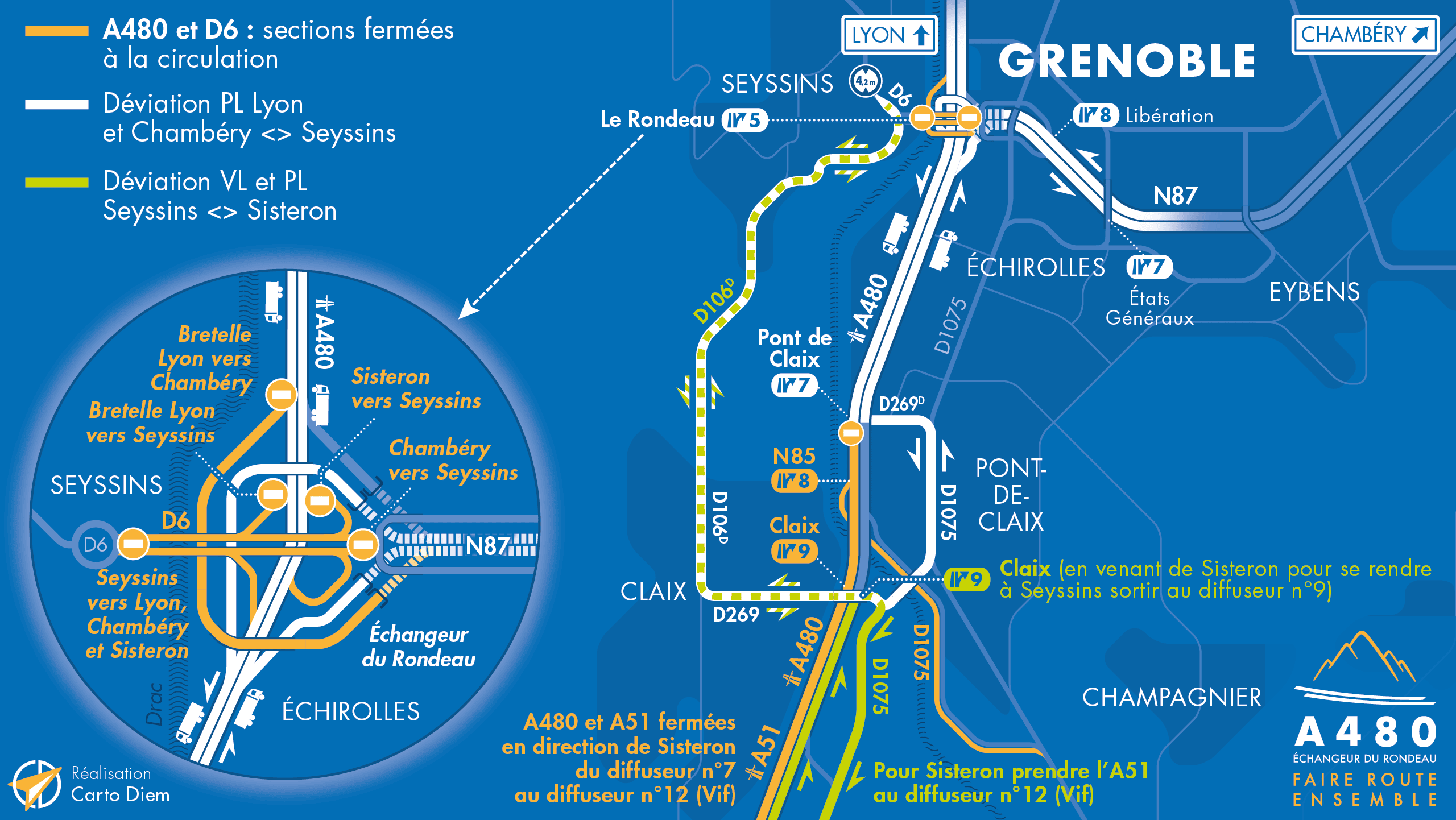 Carte de déviation pour les poids lourds suite aux travaux d'aménagement du Rondeau par les équipes de la Dreal et d'AREA sur le secteur Rondeau - Vif