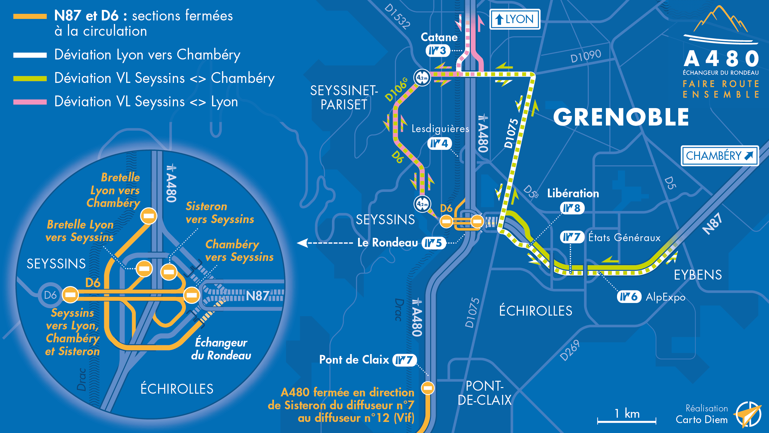 Carte de déviation suite aux travaux d'aménagement du Rondeau par les équipes de la Dreal et d'AREA sur le secteur Rondeau - Vif