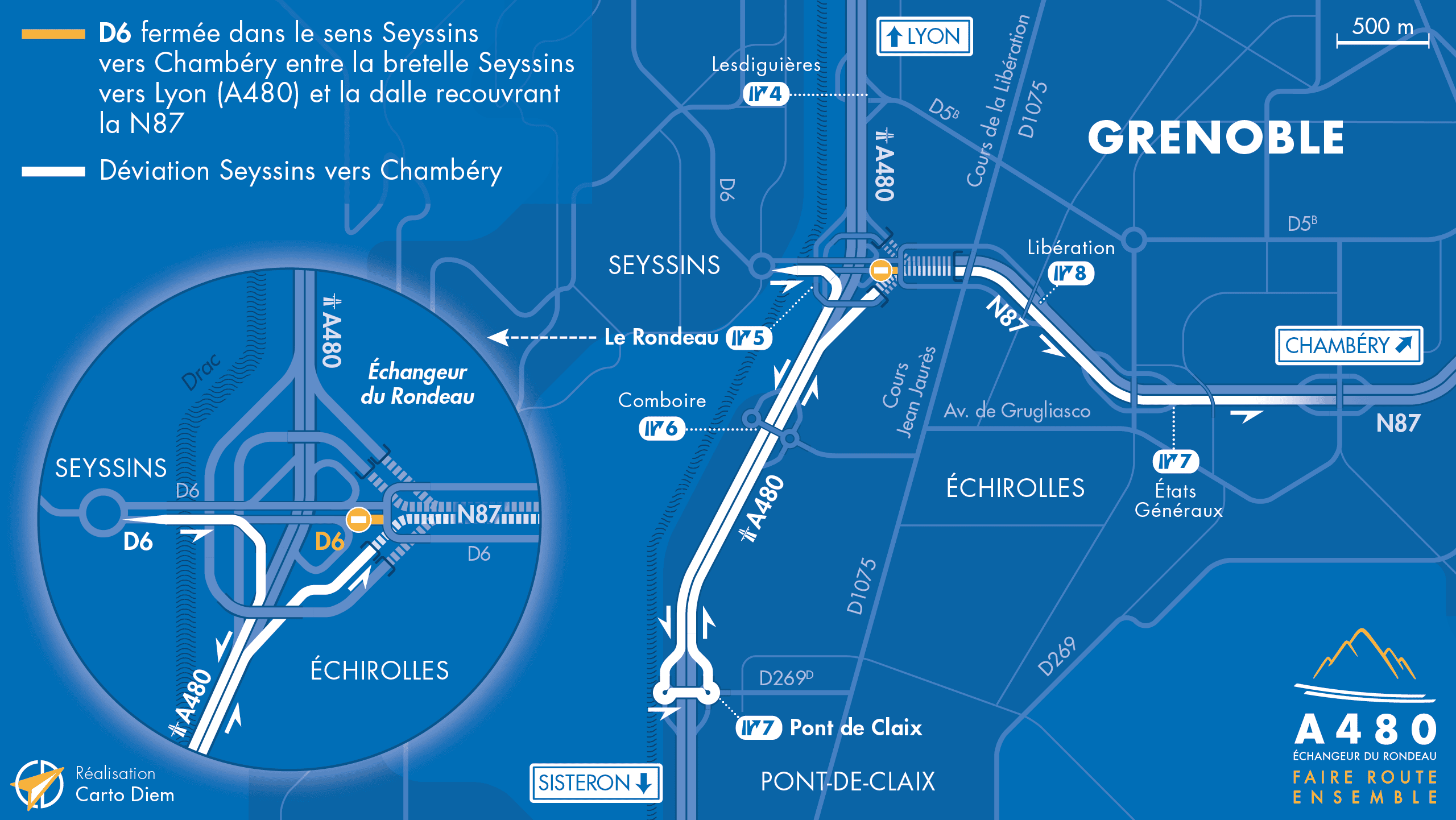Carte de déviation suite à la fermeture d'une partie de la départementale D6 sur l'échangeur du Rondeau à Grenoble
